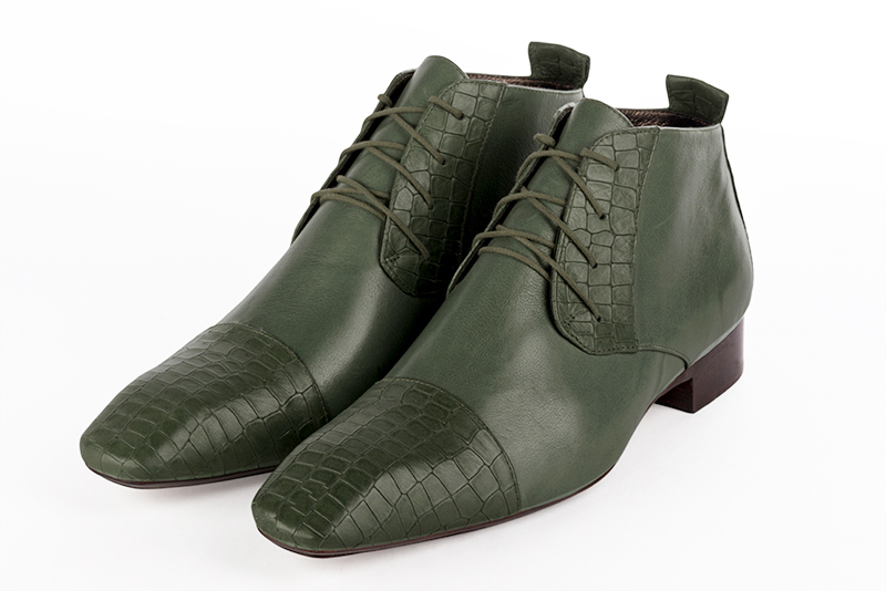 Forest green dress booties for men. Square toe. Flat leather soles - Florence KOOIJMAN